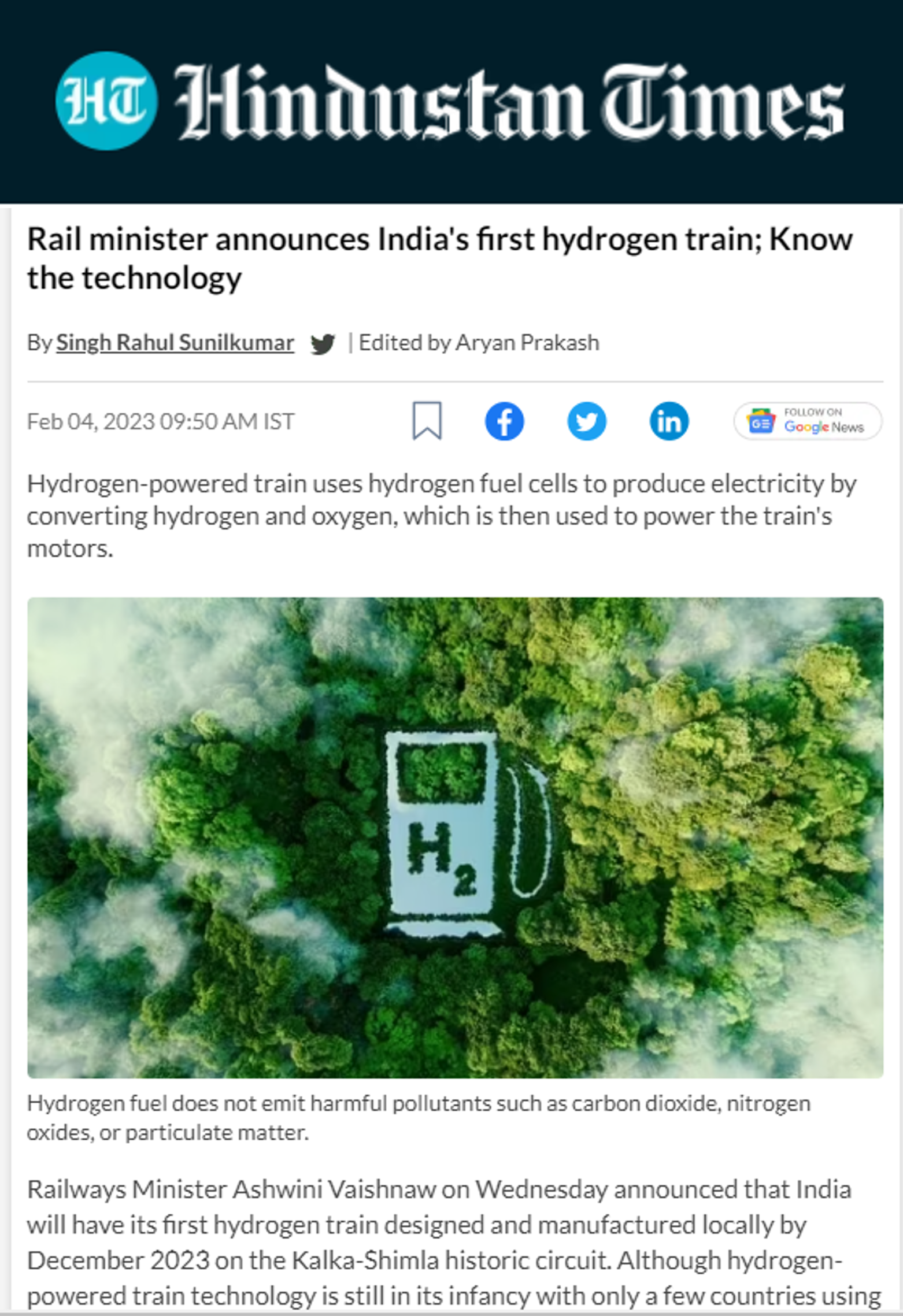 Dhiraj’s Op-Ed on green hydrogen in passenger trains mentioned in an article by Hindustan Times